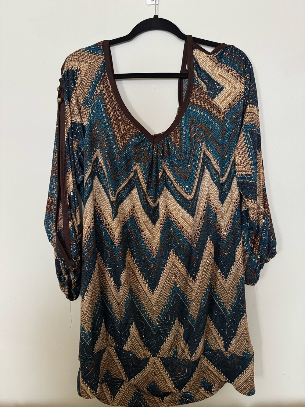 Womens Chevron V-Neck Blouse in Teal and Brown
